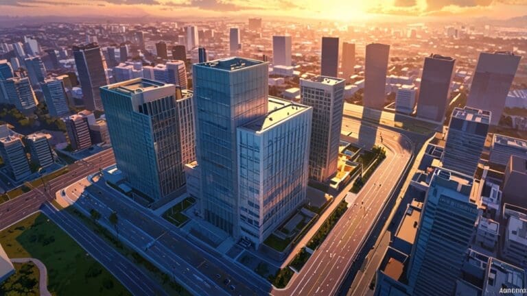 Vista aérea de un distrito tecnológico moderno con edificios corporativos al amanecer