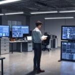 Pantallas de ordenador mostrando software de gestión de proyectos solares en una oficina moderna.