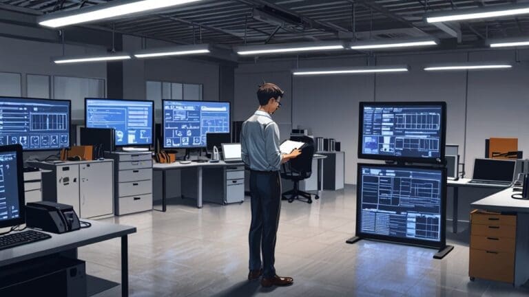 Pantallas de ordenador mostrando software de gestión de proyectos solares en una oficina moderna.