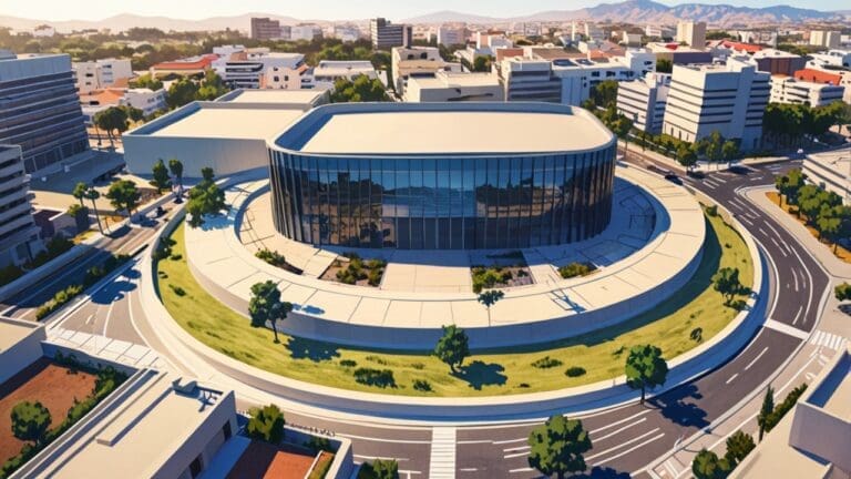 Vista aérea de un centro de convenciones moderno rodeado de arquitectura urbana contemporánea en Córdoba.