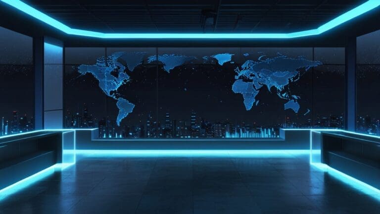 Vista panorámica de un moderno centro de datos con luces azules en un entorno tecnológico