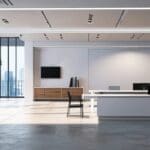 Interior de una oficina moderna con decoraciones minimalistas y tecnología avanzada visible