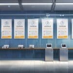 Oficina moderna con pantallas mostrando gráficos de datos y logotipos de tarjetas de crédito