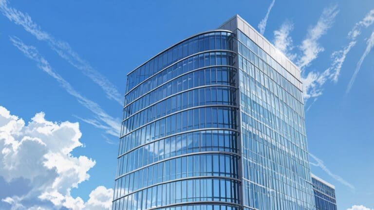 Fachada moderna de un edificio corporativo de alta tecnología bajo un cielo despejado