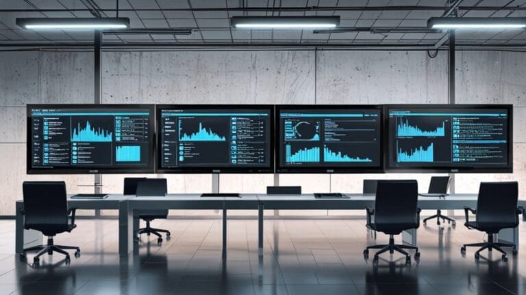 Oficina moderna con computadoras y gráficos digitales en pantalla