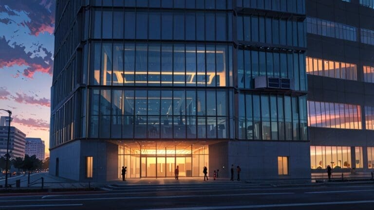 Edificio moderno de oficinas en un centro tecnológico urbano al atardecer