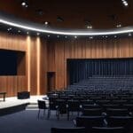 Auditorio moderno y elegante con escenario listo para conferencia empresarial, vista desde el público.