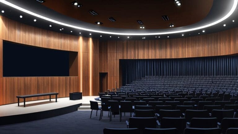 Auditorio moderno y elegante con escenario listo para conferencia empresarial, vista desde el público.