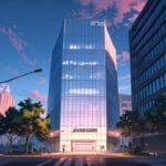 Edificios modernos de una startup tecnológica en un entorno urbano al amanecer