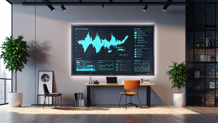 Oficina moderna de una startup tecnológica con pantallas y gráficos digitales en las paredes