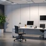 Espacio moderno de oficina tecnológica con computadora y prótesis sobre una mesa