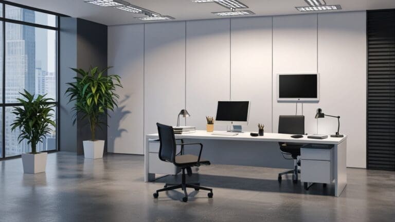 Espacio moderno de oficina tecnológica con computadora y prótesis sobre una mesa