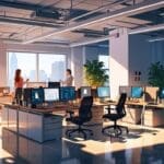 Oficinas modernas de una startup tecnológica con equipos de computación en uso