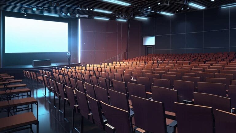 Auditorio moderno lleno durante una conferencia tecnológica, con pantallas y luces LED.