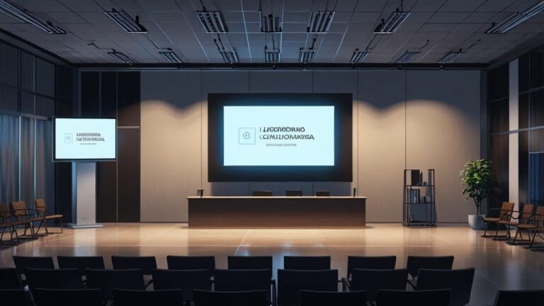 Primer plano de una sala de conferencias moderna con equipo tecnológico y una pantalla mostrando gráficos innovadores.
