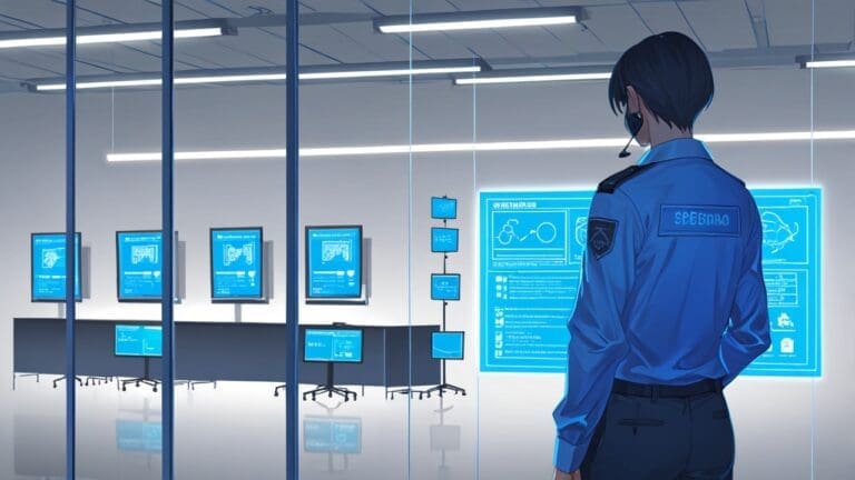 Oficina moderna con pantallas mostrando gráficos de ciberseguridad y códigos en azul