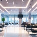 Vista interior de un moderno centro de negocios con equipos tecnológicos