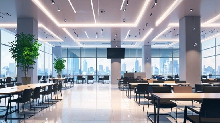 Vista interior de un moderno centro de negocios con equipos tecnológicos