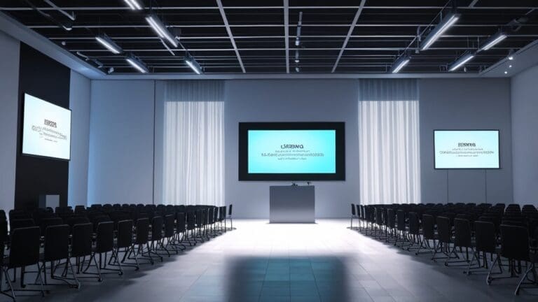 Vista de un moderno centro de conferencias con equipos tecnológicos y pantalla de presentación.