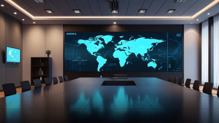 Sala de conferencias moderna con mapa global digital y símbolos tecnológicos en pantalla