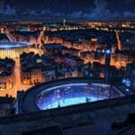 Vista panorámica del Gazometro de Roma con iluminación nocturna y ambiente tecnológico