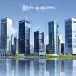 Edificios modernos de una ciudad con logos de empresas tecnológicas