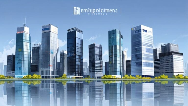 Edificios modernos de una ciudad con logos de empresas tecnológicas