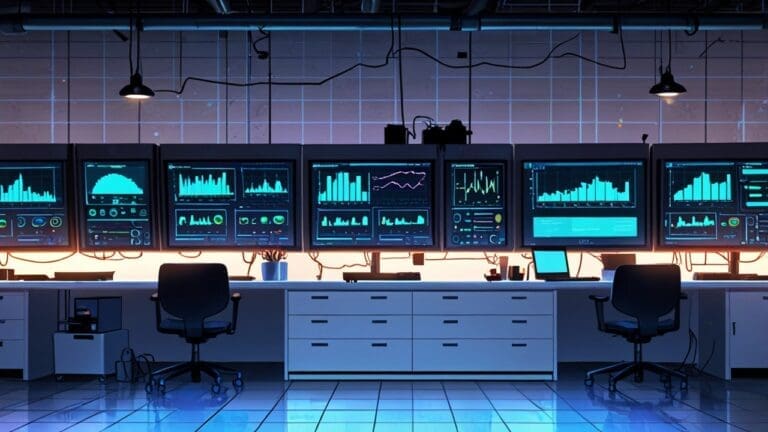 Laboratorio de tech startups con computadoras y gráficos de inteligencia artificial en pantalla