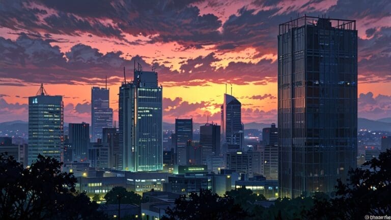 Vista de un moderno centro de innovación en un distrito financiero al atardecer, con un enfoque tecnológico y corporativo.