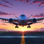 Avión futurista sobre una pista de aterrizaje al amanecer