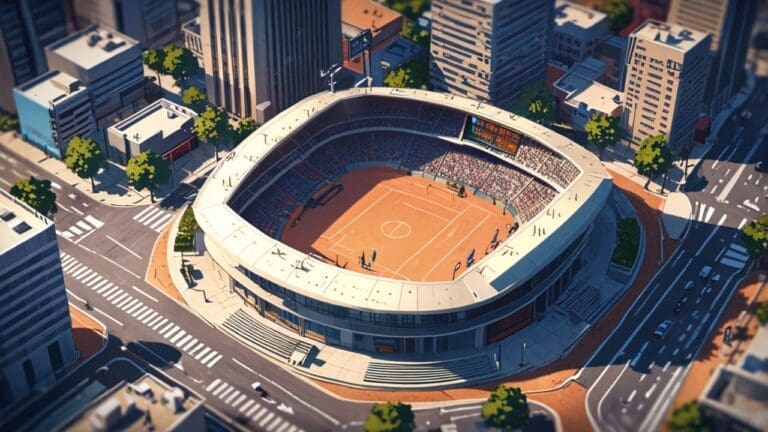 Vista aérea de un centro de conferencias moderno en un entorno urbano, con un enfoque en tecnología y deportes.