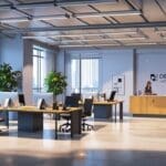 Oficina moderna con dispositivos tecnológicos en uso, ambiente laboral tranquilo