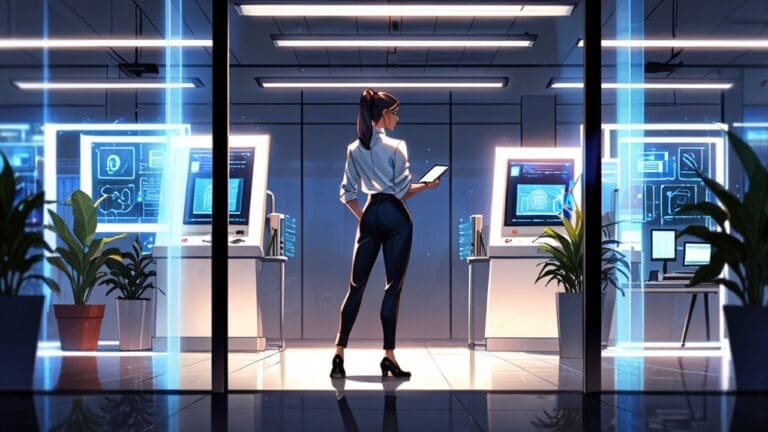 Futurista oficina abierta de empresa tecnológica con equipos de trabajo y pantallas brillantes