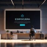 Espacio moderno y tecnológico de una startup en Barcelona con pantallas mostrando software innovador.
