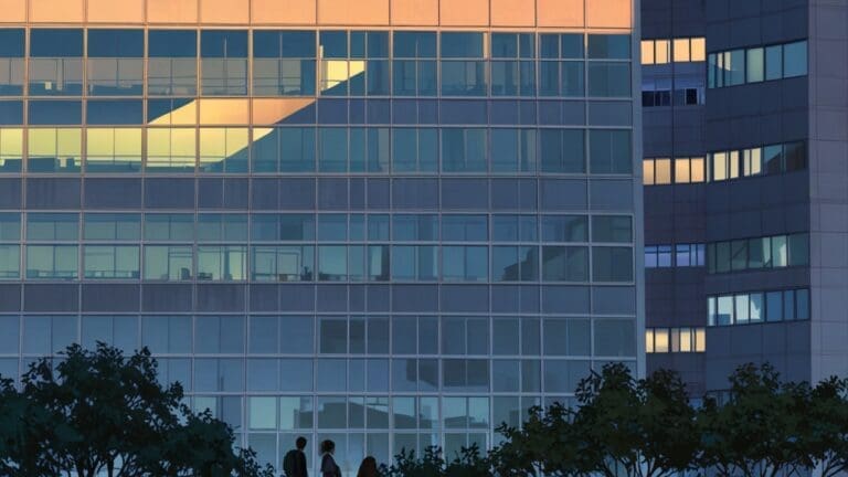 Vista moderna de un centro tecnológico con edificios de oficinas al amanecer