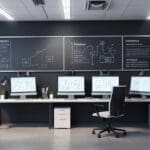 Interior de una oficina tecnológica con computadoras y pantallas de datos, estilo moderno y limpio