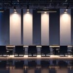 Salón corporativo tecnológico con escenario iluminado al fondo