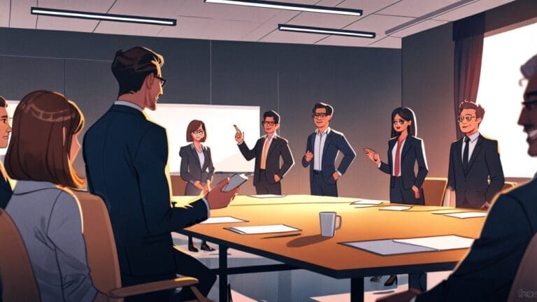 Empresarios discutiendo un nuevo producto en una sala de reuniones moderna