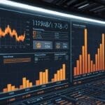 Oficina tecnológica moderna con gráficos de datos en pantallas digitales