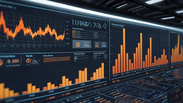 Oficina tecnológica moderna con gráficos de datos en pantallas digitales