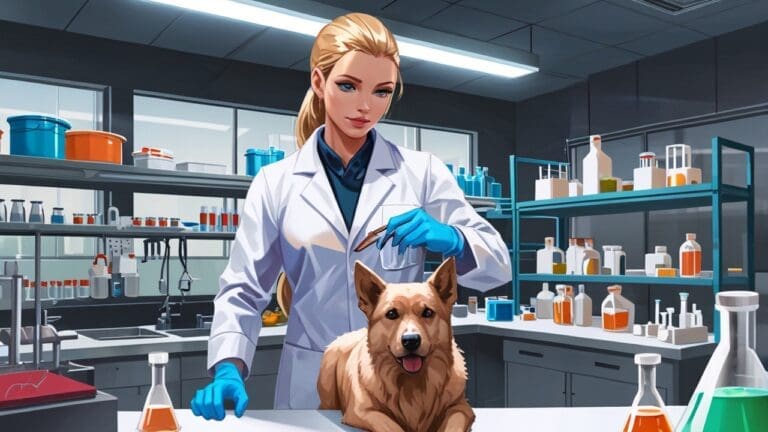 Primer plano de un laboratorio moderno con equipos biotecnológicos y un perro en atención veterinaria