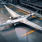 Diseño conceptual de un avión futurista con alas integradas en un entorno industrial