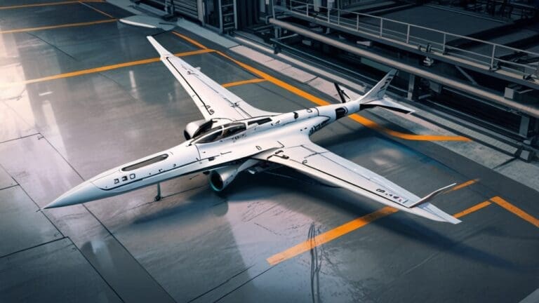 Diseño conceptual de un avión futurista con alas integradas en un entorno industrial