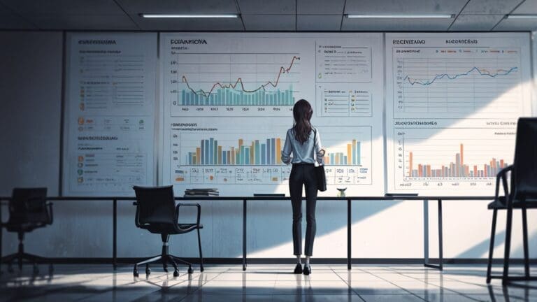 Oficina moderna con pantallas mostrando gráficos financieros en un entorno colaborativo