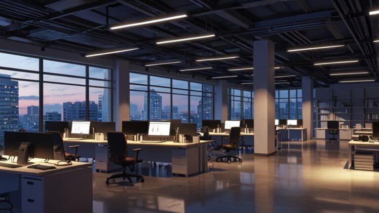 Oficinas modernas de tecnología con escritorios vacíos y luces apagadas al atardecer