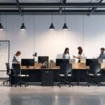 Oficina moderna con equipos tecnológicos y ambiente creativo