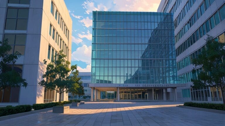 Moderno campus tecnológico con edificios de oficinas y áreas verdes al amanecer