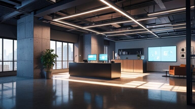 Interior moderno de una oficina tecnológica con pantallas y dispositivos innovadores en pleno funcionamiento