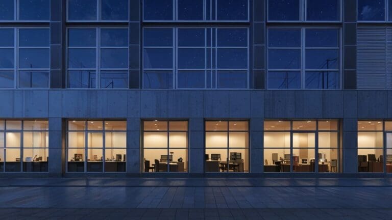 Edificios modernos y tecnológicos iluminados al anochecer con ambiente empresarial