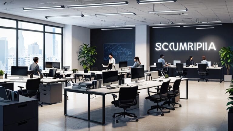 Oficinas modernas con un grupo de personas colaborando en un proyecto tecnológico.